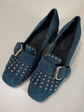 Elvio Zanon Teal Suede Studded Fringe Pumps - Women's Dress Heels Sz 39 / 8.5